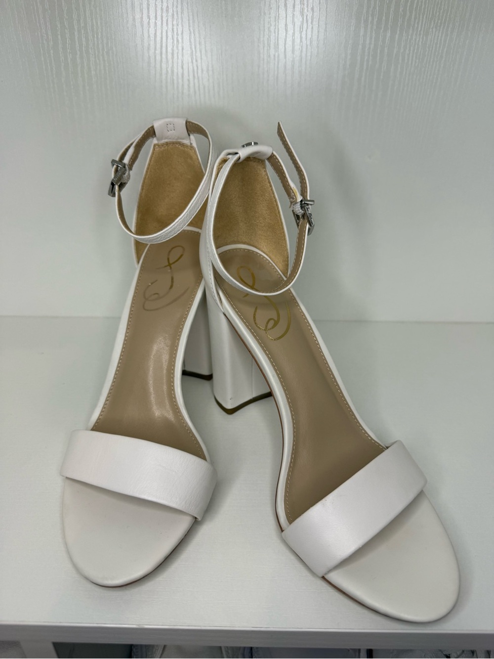 Sam Edelman White Block Heel Ankle-Strap Sandals